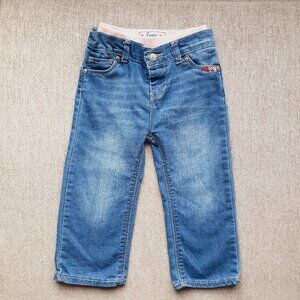 EUC Levi's Jeans Size 24 Months Pink Waist Band Embroidered Hearts Blue Denim